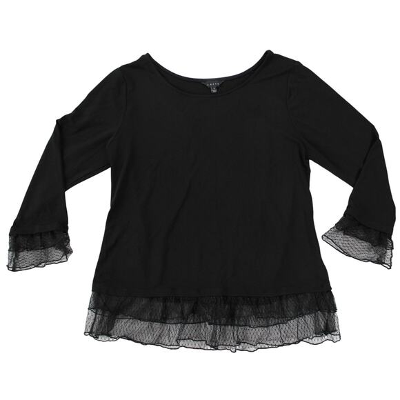Adiva Black Ruffle Mesh Trim Top L Bell Sleeve Tunic Stretchy Pullover - Picture 1 of 7